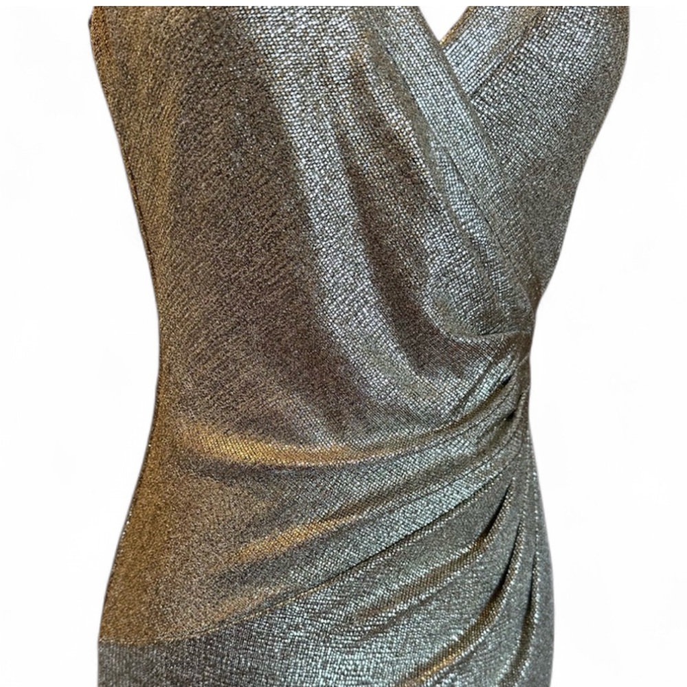 Lauren Ralph Lauren Metallic Silver Draped V Neck Maxi Gown Ruched Bodycon 14 - Picture 3 of 9